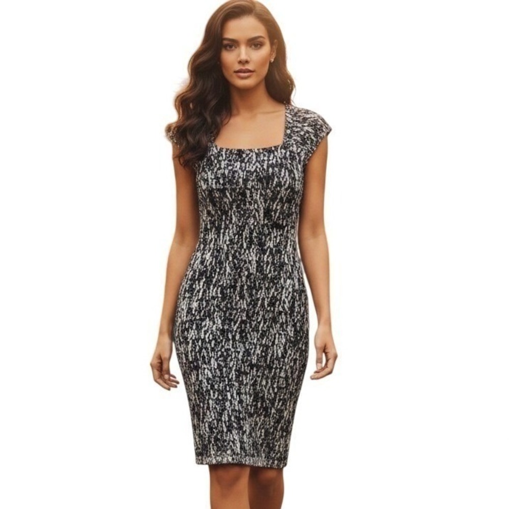 Adrianna Papell Sheath Dress 8 NWOT‎ Black White Tiered Ruffle Bodycon Cocktail